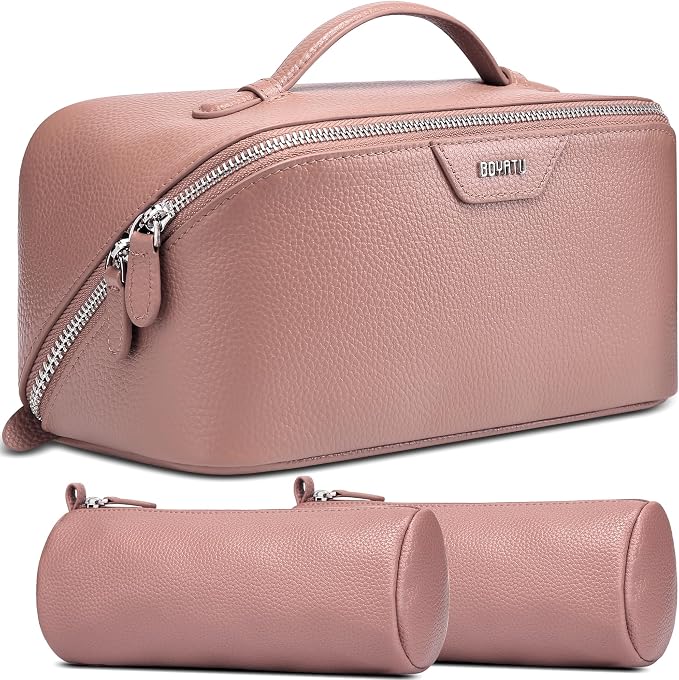 BOYATU Genuine Leather Makeup Bag: 3 Pcs Set Luxury Birthday Gifts for Women - Large Capacity Toiletry Organizer for Elegance - Travel Essentials Gift for Teacher Mothers Girlfriend Wife(05Pink) by BOYATU