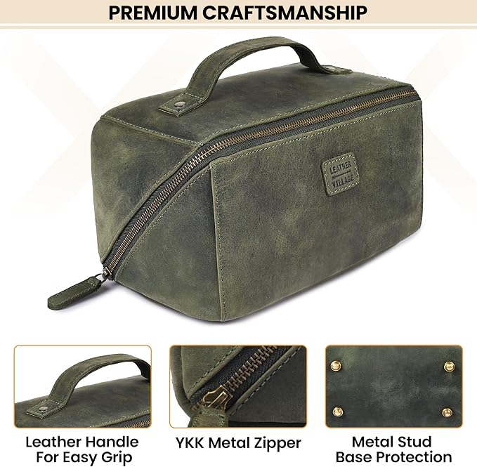 LEATHER VILLAGE Genuine Leather Travel Dopp Kit for Men & Women – Open Flat Large Capacity Cosmetic Bag with Water-Resistant Lining – Skin Care, Brushes, Shaving & Bathroom Essentials Organizer- Olive - Image 3