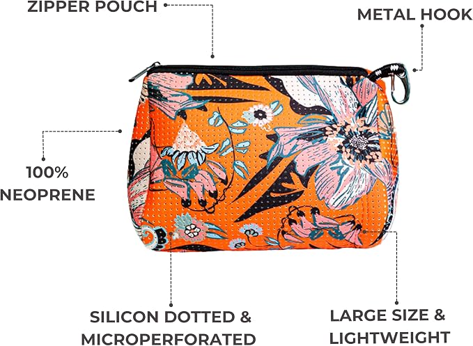 POPUPS Brand Large Makeup Bag with Zipper - Neoprene Machine Washable Travel Toiletry Cosmetic Organizer Pouch for Women (Print Blossom Orange) - Image 4