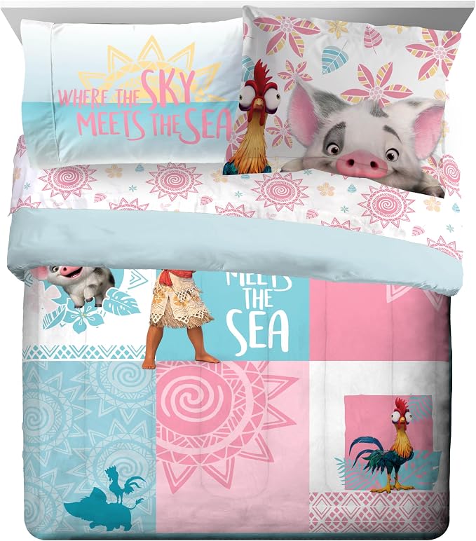 Disney Moana Queen Comforter Set 7 Piece Kids Bedding for Girls, Multi | Bed in a Bag, Comforter Sheets Shams Pillowcases, Official Brand, Soft Microfiber, Machine Washable, Girls Gift - Image 2