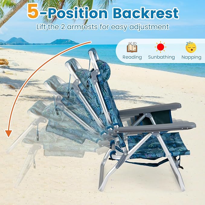 Giantex Folding Beach Chair, Patio Sling Chairs with 5 Adjustable Position, Head Pillow, Storage Bag, Towel Bar, Cup Holders, Backpack Chairs for Sunbathing, Camping Chair - Image 3