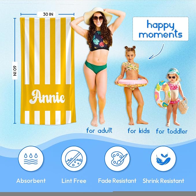 JML Personalized Beach Towel with Name, Custom Cabana Stripe Beach Towel, Customized Microfiber Pool Towel, Quick Dry & Absorbent Swim Towel for Adult,Mother's Day, Birthday, Summer Holiday,Vacation - Image 3