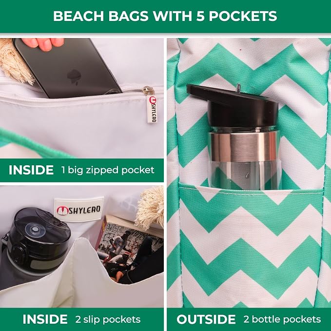 Beach Bag and Pool Bag Has Cooler Pocket, 7 Pockets Total, Zip Top. Family Size Waterproof Beach Tote - Image 7