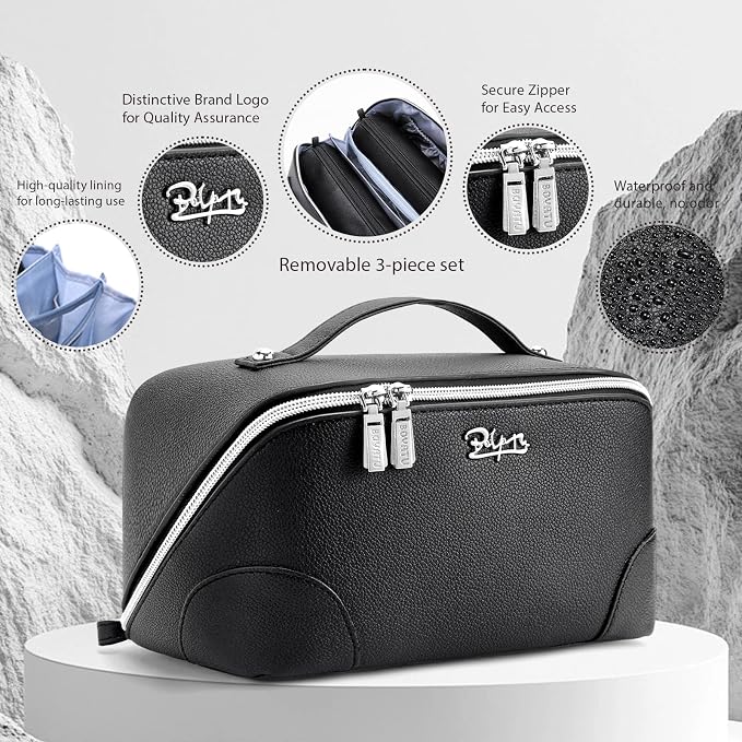 BOYATU Travel Makeup Bag Cosmetic Bags for Women: 3 Pcs Set Large Capacity Make up Bag with Handle - Waterproof Vegan Leather Toiletry Bags Travel Essentials with Compartments(C-2-Black) - Image 2
