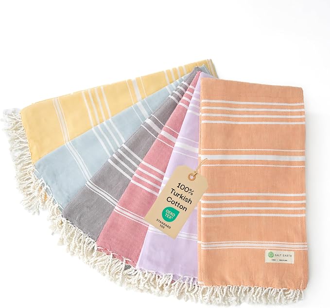 Salt Earth 100% Cotton Sateen Turkish Beach Towel (Set of 6, 36"x72") - Soft, Quick Dry, Absorbent Towels for Bathroom, Home, Travel, Pool, Spa, Bath, Swim - Beach Towels Oversized (Assorted Colors) by SaltEarth