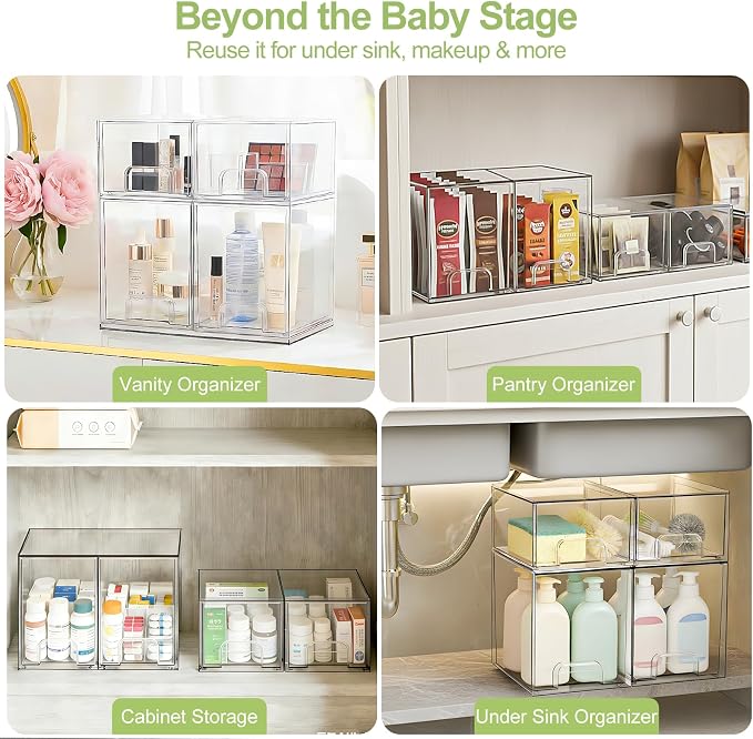 Baby Bottle Storage Organizer: Clear Stackable Storage Drawers, Acrylic Bottles Station Organizer Container for Countertop, Vanity, Bathroom, Cabinet Organization - 4 Pack - Image 4