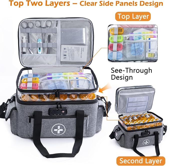 BAGSFY 3-Tier Medicine Organizer with Combination Lock – Large Medicine Bag, Empty First Aid Kit Case, Pill Bottle Medical Supply Organizer, Travel Prescription Bag, Medication Storage Container - Image 3