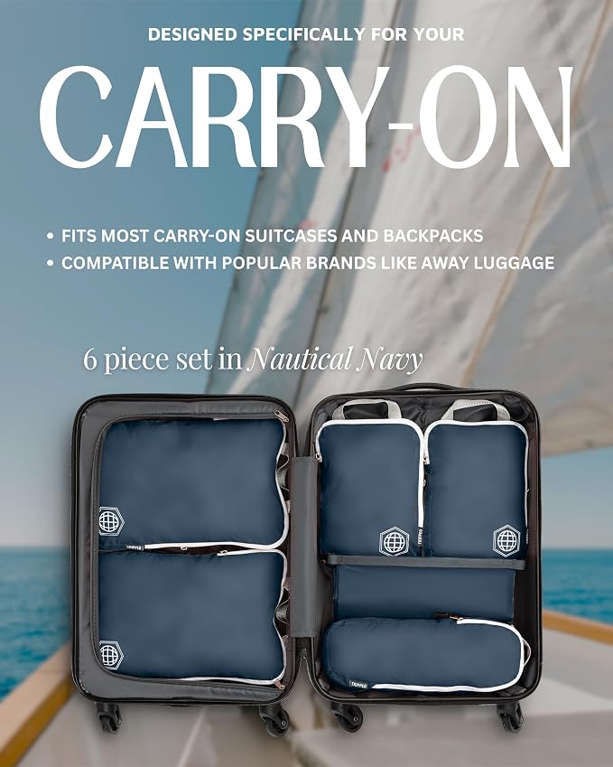 Compression Packing Cubes for Travel, 6-Piece Lightweight Packing Cubes Set for Carry-On Luggage & Backpacks – TRIPPED Travel Gear (Navy Blue and White) - Image 8