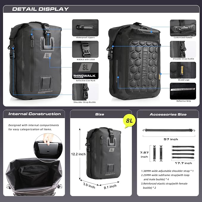 Rhinowalk Motorcycle Tail Bag, Travel Luggage Bags, Waterproof Rear Carrier, Motorcycle Rear Seat Bag Backpack, Rear Rack Trunk - Black 8L - Image 3