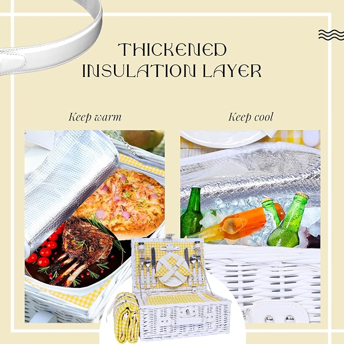Picnic Basket Set for 4 with Waterproof Blanket Mat Insulation Bag Wicker White Yellow Light Fresh Gifts for Wedding Birthday Summer Camp Outdoor Camping Beach Travel Christmas Thanksgiving - Image 6