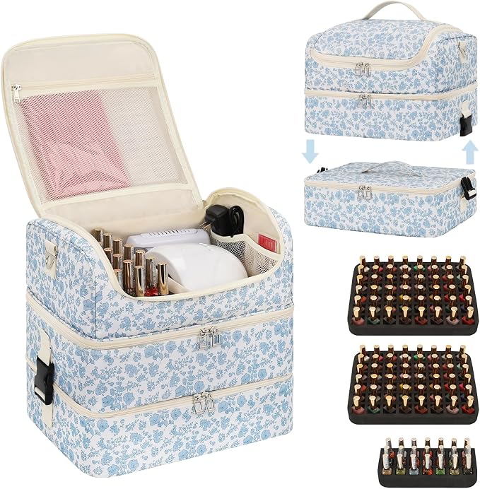 Extra Large Nail Polish Organizer - Three Layer Nail Organizers And Storage Bag, Portable Nail Supplies Organizer Case, Nail Tech Kit Travel Carrying Box with Shoulder Strap (Floral Blue, 117 Slots) by CUBETASTIC