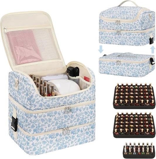 Extra Large Nail Polish Organizer - Three Layer Nail Organizers And Storage Bag, Portable Nail Supplies Organizer Case, Nail Tech Kit Travel Carrying Box with Shoulder Strap (Floral Blue, 117 Slots) by CUBETASTIC