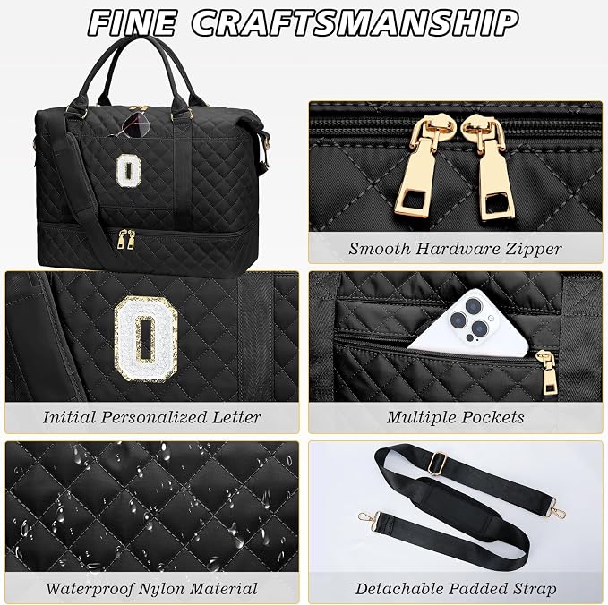 Gifts for Women Girls Birthday Initial Travel Duffle Bag Quilted Weekender Bags Carry-On Overnight with Make up Bag, Hospital Bag for Women Labor Delivery, Black O - Image 6