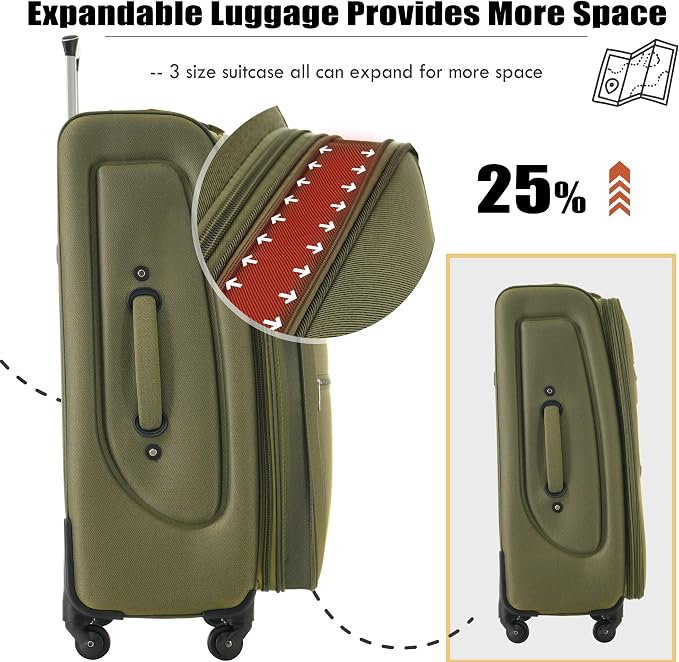 Merax Luggage Set, Softside Suitcase 3 Piece, Expandable Lightweight | Luggage Sets with Duffel Bag 22" 26" 30" Suitcase with Wheels TSA Lock,Army Green - Image 6