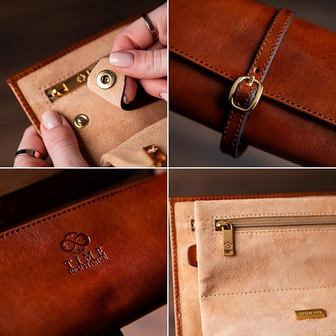 Time Resistance Leather Jewelry Roll - Full Grain Leather Travel Jewelry Case - Jewellery Organizer Made in Italy (Cognac Brown) - Image 5