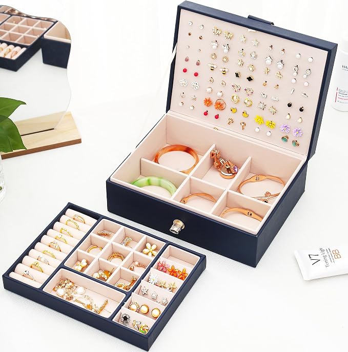 QBestry Womens Earring Jewelry Box for Girls Jewelry Earrings Organizer Box Earring Holder Organizer for Girls Jewelry Organizer Boxes for Women Girls Stud Earrings Organizers Jewelry Box Navy - Image 3