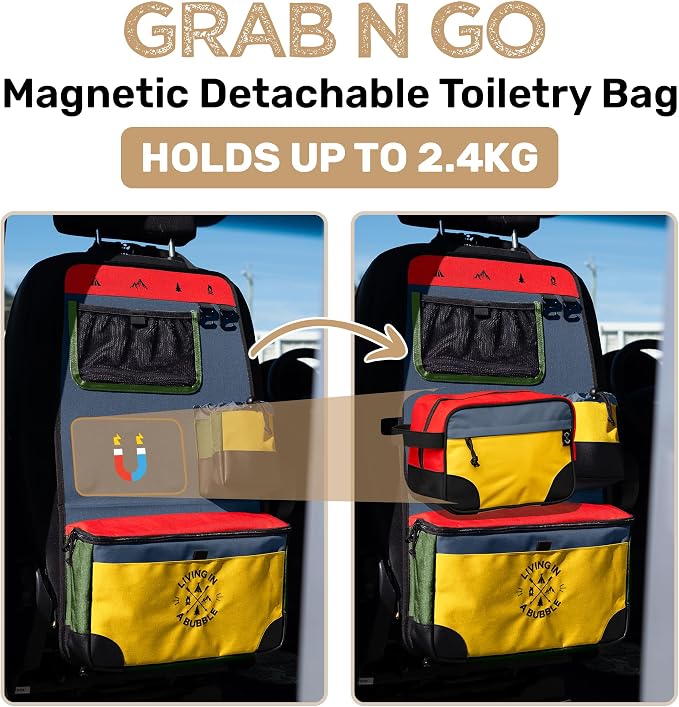 Living in a Bubble Seat back Organizer – Magnetic Toiletry and Cooler Pouch, Cordura Car Backseat Storage with Device Holder & Hooks, Multi-Compartment Utility Bag for Campervans & Family Travel - Image 2