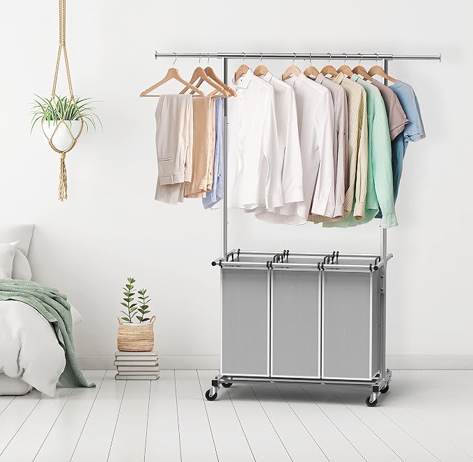 Simple Houseware 3 Bags Laundry Sorter Cart with Hanging Rod, Silver | Extendable Width from 30.6 to 48", Removable 3-Section Laundry Basket - Image 7