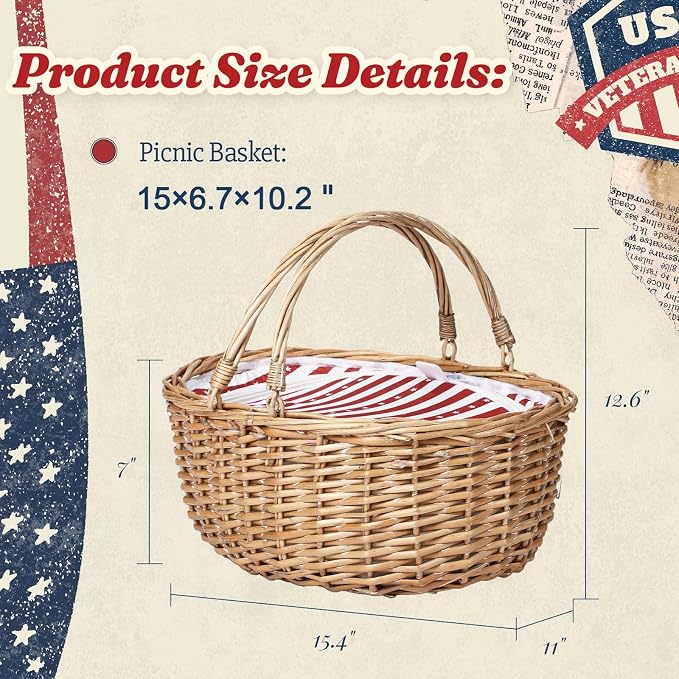 Wicker Picnic Basket with Insulated Lined Bag 15“ x 11” x 7“ Red, White Star Stripe Pattern, Iced Beer Insulated Bag for Camping, Picnics, Birthday Gifts, Wedding Gifts - Image 2