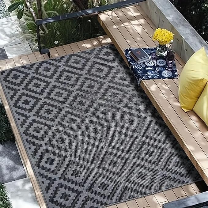Outdoor Rugs, Outdoor Plastic Straw Rug, Reversible Waterproof Carpet for Camping, Poolside, Garden, BBQ Area, Gazebo Flooring, RV Park & Beach, Square Pattern, Black & Light Gray, 5'x8' - Image 6