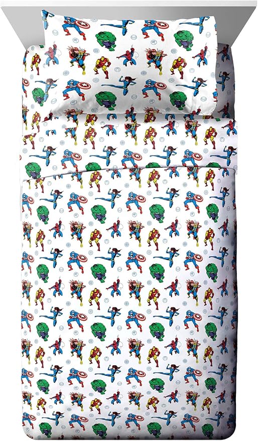 Jay Franco Kids Sheet Set with Fitted, Flat Sheets & Pillow Cover - Ultra-Soft Bedding with Pillowcase for Room Decor, White - Avengers, 4 Piece Full by JayFranco