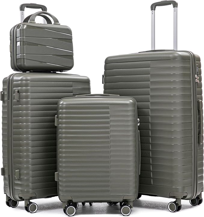 4-Piece PP Hardshell Luggage Set with 14" Cosmetic Case, 20"/24"/28" Spinner Suitcases,Carry On with Iron Telescopic Handle, Combination Lock,360° Double Silent Wheels,Waterproof Travel Set,Green by GDFStudio