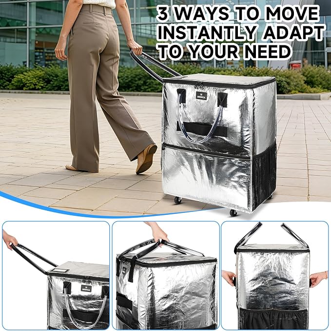 Reusable Grocery Bag On Wheels, 70L Foldable Rolling Tote, Heavy Duty Shopping Cart, 6 Pockets, Zippered Top, 3-Way Carry, Collapsible Portable Trolley for Camping Moving, Medium Silver - Image 4