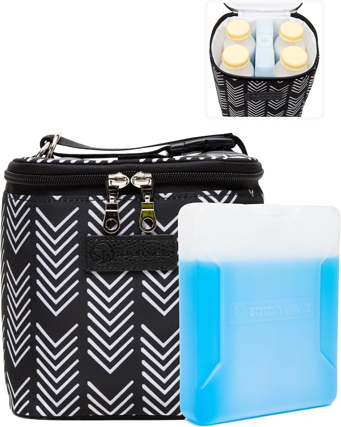 Sarah Wells Cold Gold Breastmilk Cooler with Ice Pack (Black & White) | Fully-Lined Insulated Interior, Fits 4-6 Bottles, Zippered Lid, Great for Workdays, Travel & Pumping Days, Machine Washable by SarahWells