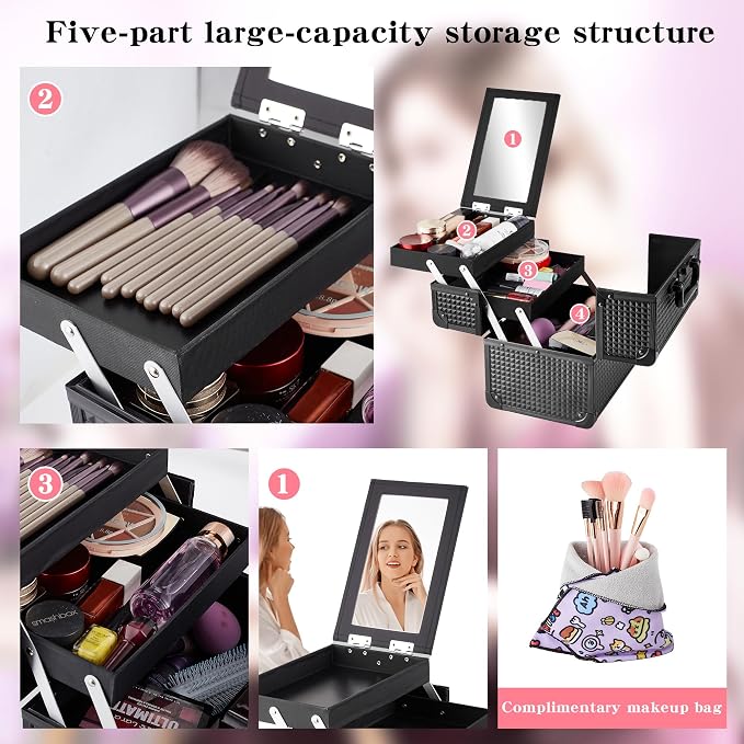 Makeup Train Case, Portable Makeup Case with Mirror, 2-Trays Cosmetic Organizer Case,Nail Polish Organizer, Travel Makeup Box, Profesional for Salon Barber, Black - Image 4