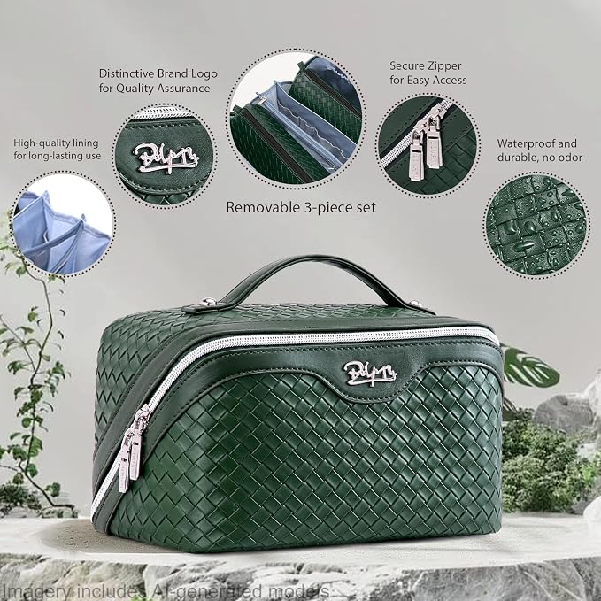 BOYATU Travel Makeup Bag Cosmetic Bags for Women: Large Capacity 3 Pcs Set Make up Bag with Compartments - Waterproof Vegan Leather Toiletry Organizer Bags with Handle (L06 Olive) - Image 2