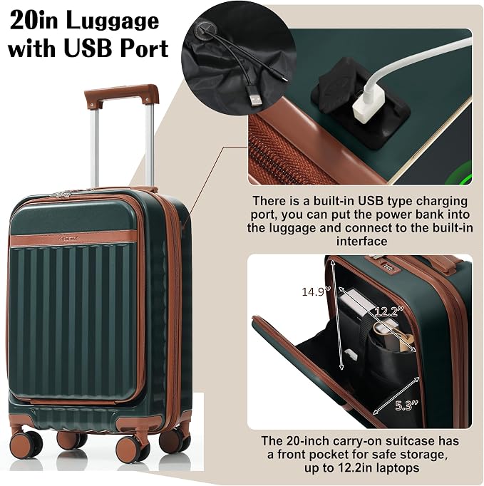 Hardshell Luggage, Lightweight Suitcase with Spinner Wheels, DARK GREEN+USB - Image 5