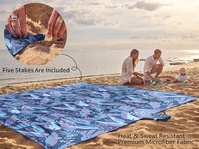 WEKAPO Beach Blanket Waterproof Sandproof Oversized, Extra Large Beach Mat Sand Free, Lightweight & Compact Sand Free Mat with 5 Stakes & 4 Corner Pockets - Image 6