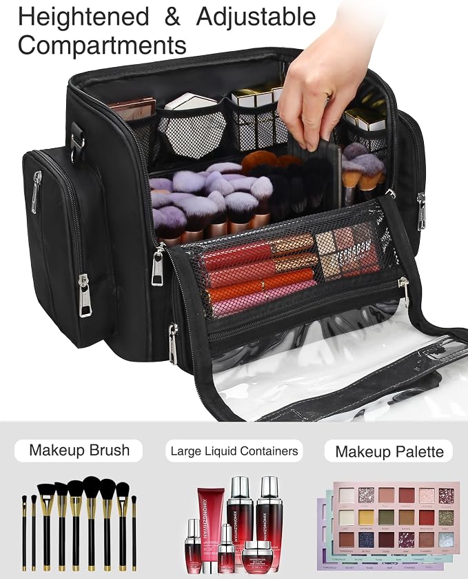 NAONAYA Makeup Brush Bag, Clear Makeup Brush Holder for Makeup Artists | Extra Large Capacity Travel Cosmetic Bag , Full Open Black Makeup Brush Case with Adjustable Dividers with Shoulder Strap - Image 2