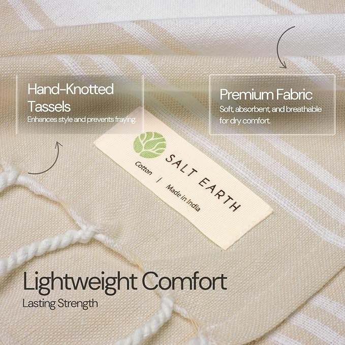 Salt Earth Cotton Turkish Beach Towel (Set of 2, 36"x72") - Soft, Quick Dry, Sand Resistant, Absorbent Towels for Bathroom, Home, Travel, Pool, Spa, Bath, Swim - Beach Towels Oversized (Beige) - Image 2