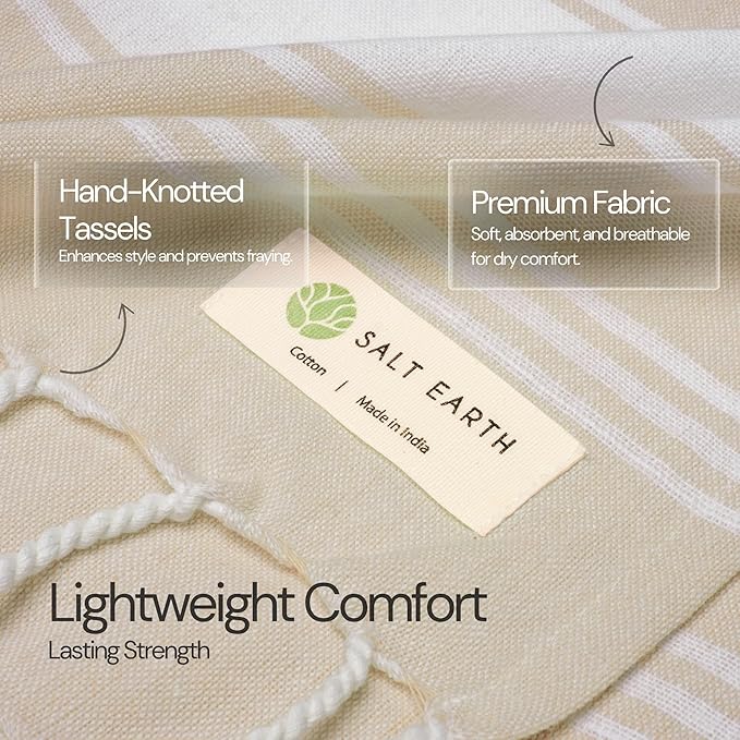 Salt Earth Cotton Turkish Beach Towel (Set of 4, 36"x72") - Soft, Quick Dry, Sand Resistant, Absorbent Towels for Bathroom, Home, Travel, Pool, Spa, Bath, Swim - Beach Towels Oversized (Beige) - Image 2