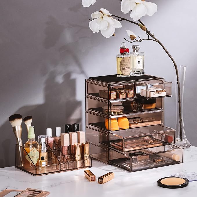 Sorbus Acrylic Makeup Organizer Set, 6-Drawer Vanity & Countertop Cosmetic Storage with Small & Wide Compartments, Bronze Glow Makeup Storage for Brushes, Jewelry – Holiday Gift for Women & Teens - Image 2