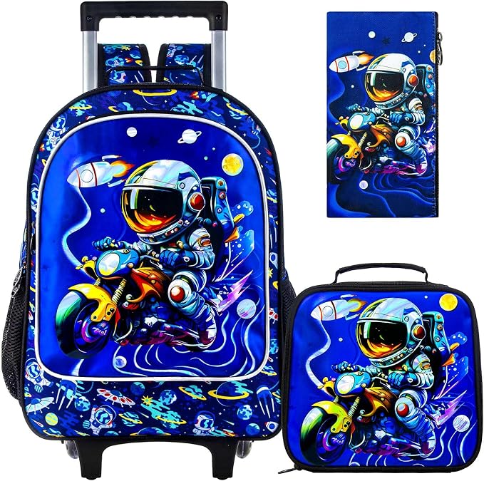 HPJGD 3PCS Astronaut Rolling Backpack for Boys, Kids School Backpacks with Wheels, Water Resistant UV Printed Roller Wheeled Bookbag Set by HPJGD
