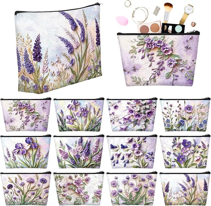 Sweetude 12 Pcs Purple Relief Flower Makeup Bags Bulk Purple Portable Travel Cosmetic Bag with Zipper Oil Painting Floral Waterproof Roomy Travel Toiletry Organizer Storage Beauty Pouch for Women Gift by Sweetude