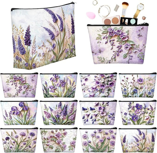 Sweetude 12 Pcs Purple Relief Flower Makeup Bags Bulk Purple Portable Travel Cosmetic Bag with Zipper Oil Painting Floral Waterproof Roomy Travel Toiletry Organizer Storage Beauty Pouch for Women Gift by Sweetude