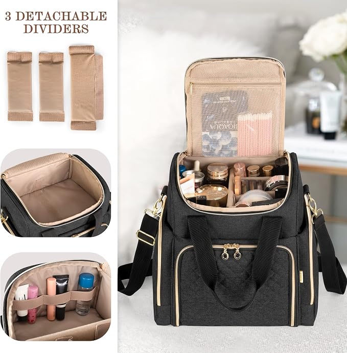 LUXJA Travel Makeup Bag with 2 Removable Makeup Cases, Black | Large Cosmetic Bag with Multiple Storage Sections, 3 Detachable Dividers, Detachable Shoulder Strap, Trolley Sleeve - Image 2