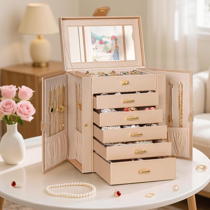 AKOZLIN 6-Tier Jewelry Box Organizer Functional 5 Drawers Leather Jewelry Storage Case for Women Girls Ring Necklace Earring Bracelet Holder Organizer with Mirror Medium Champagne - Image 7