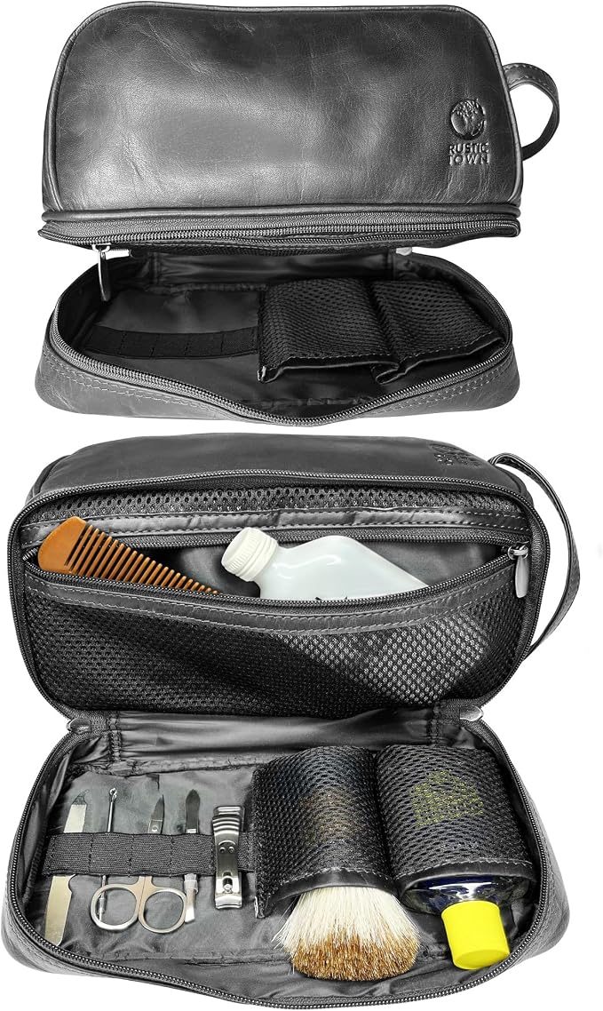 RUSTIC TOWN Leather Toiletry Bag - Waterproof Ditty Kit for Men and Women, Travel Organizer for Full-Size Essentials, TSA Approved - Image 4