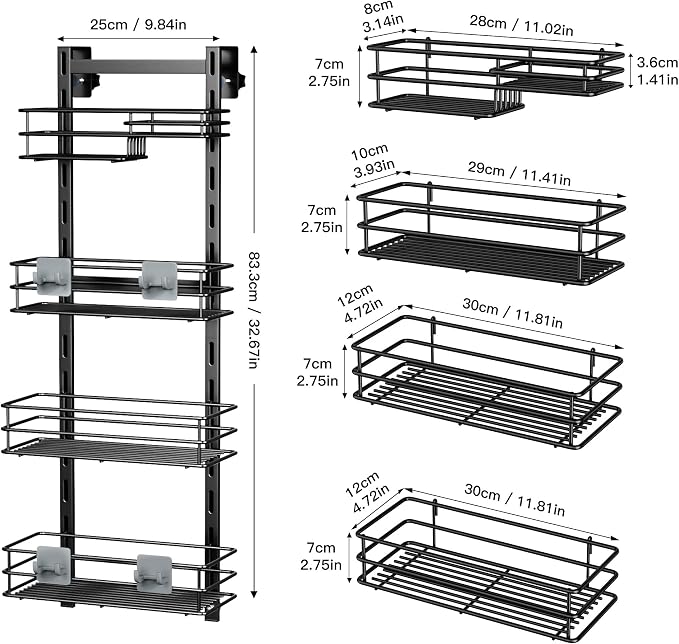 Orimade Over The Door Shower Caddy Adjustable 4 Tier Black,Bathroom Hanging Organizer Shelf Rustproof with 4 Hooks,Shower Basket with Soap Holder and Suction Cup - Image 6