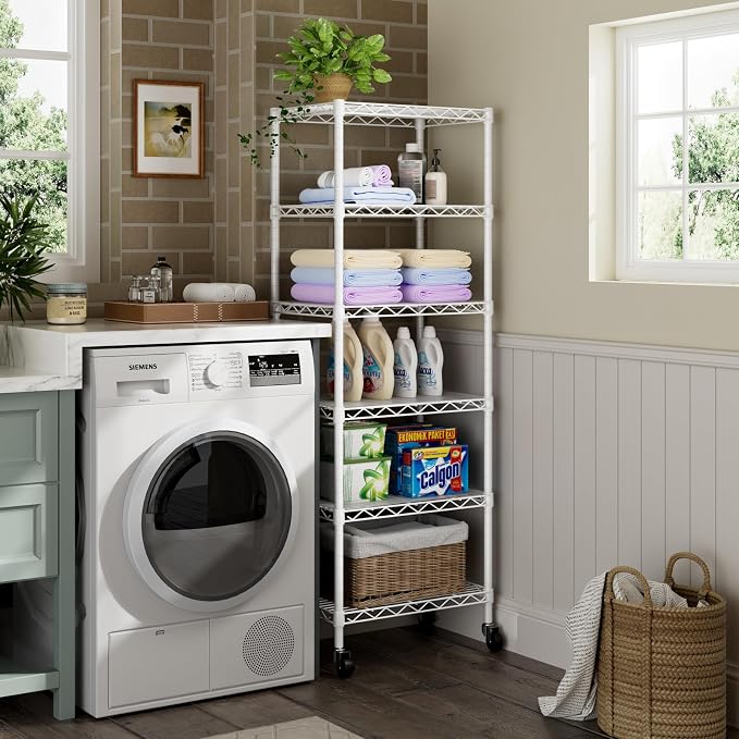 Golpart Small 6 Tier Shelves Storage Wire Shelving Unit Metal Shelf Adjustable Organizers Storage Shelving with Wheels for Bathroom Laundry Room Kitchen Pantry11.7”D x 17.7”W”W x 61.6”H White - Image 6