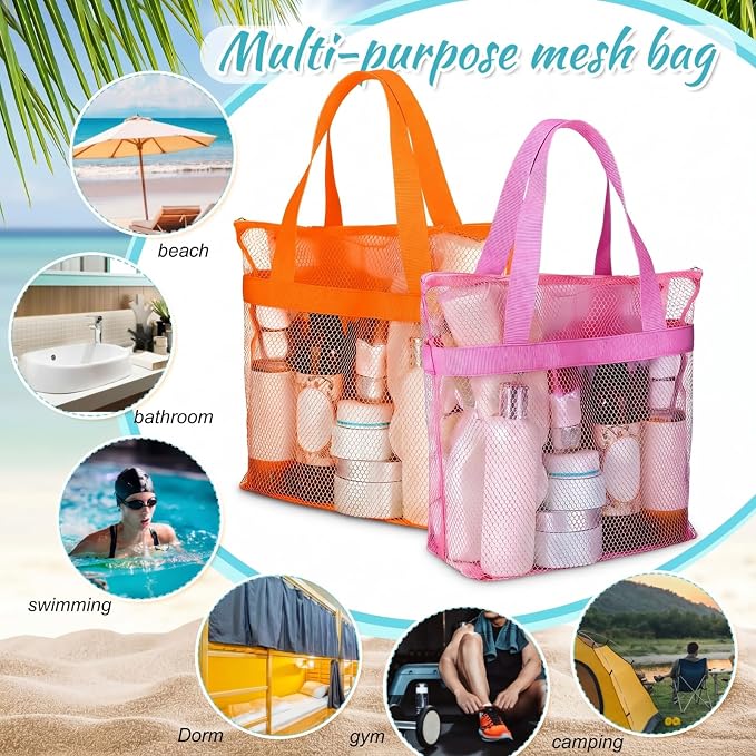 20 Pcs Mesh Beach Bags Bulk Portable Mesh Shower Caddy Bags with Zipper & 2 Pockets Hanging Toiletry and Bath Organizer for Beach Gym Camp Swimming Travel College Dorms (Fluorescent Color) - Image 3