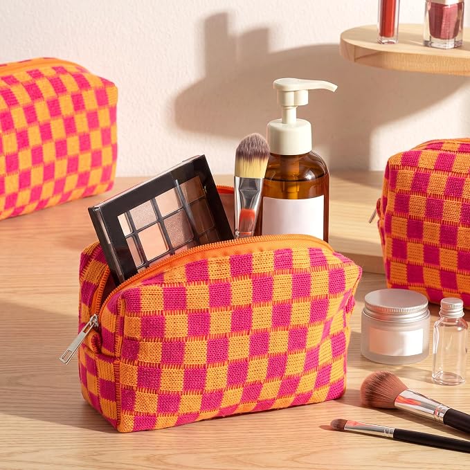 Gilprop 8 Pcs Checkered Makeup Bag for Purse Small Cosmetic Pouch Bulk Portable Zipper Makeup Pouch Travel Toiletry Organizer Gifts for Women Bridesmaid Wedding Party Favors (Red Orange) - Image 3