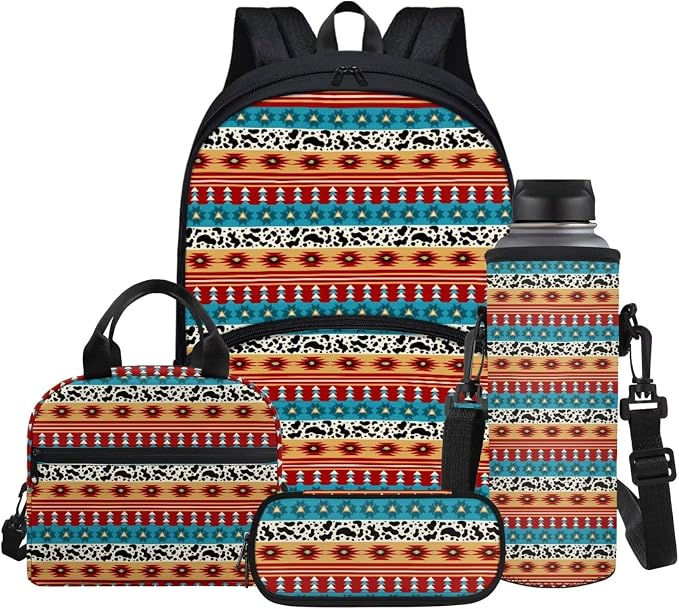Kids School Backpack Aztec Ethnic Tribal Cow Print 4 Pcs School Bag with Lunch Bag Pencil Case Water Bottle Sleeve Bookbag Set by Glomenade