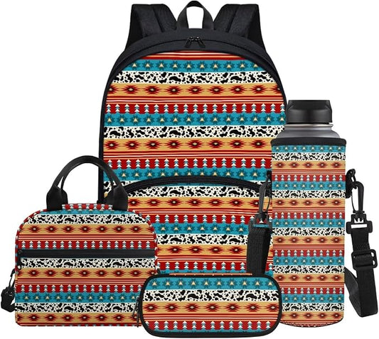 Kids School Backpack Aztec Ethnic Tribal Cow Print 4 Pcs School Bag with Lunch Bag Pencil Case Water Bottle Sleeve Bookbag Set by Glomenade