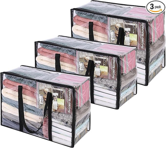 Vieshful 3 Pack 40L+60L+90L Clear Clothes Storage Bag, Zippered Closet Organizer, Plastic Storage Containers Moving bags for Comforter, Blanket, Bedding, Duvet, Toys by Vieshful