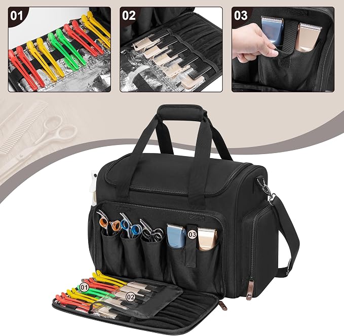 BAFASO Large Insulated Hairdresser Bag with 2 Removable Pouches, Black | with a Semi Detachable Divider, Hairstylist Traveling Bag Holds Various Hair Cutting Tools. - Image 2